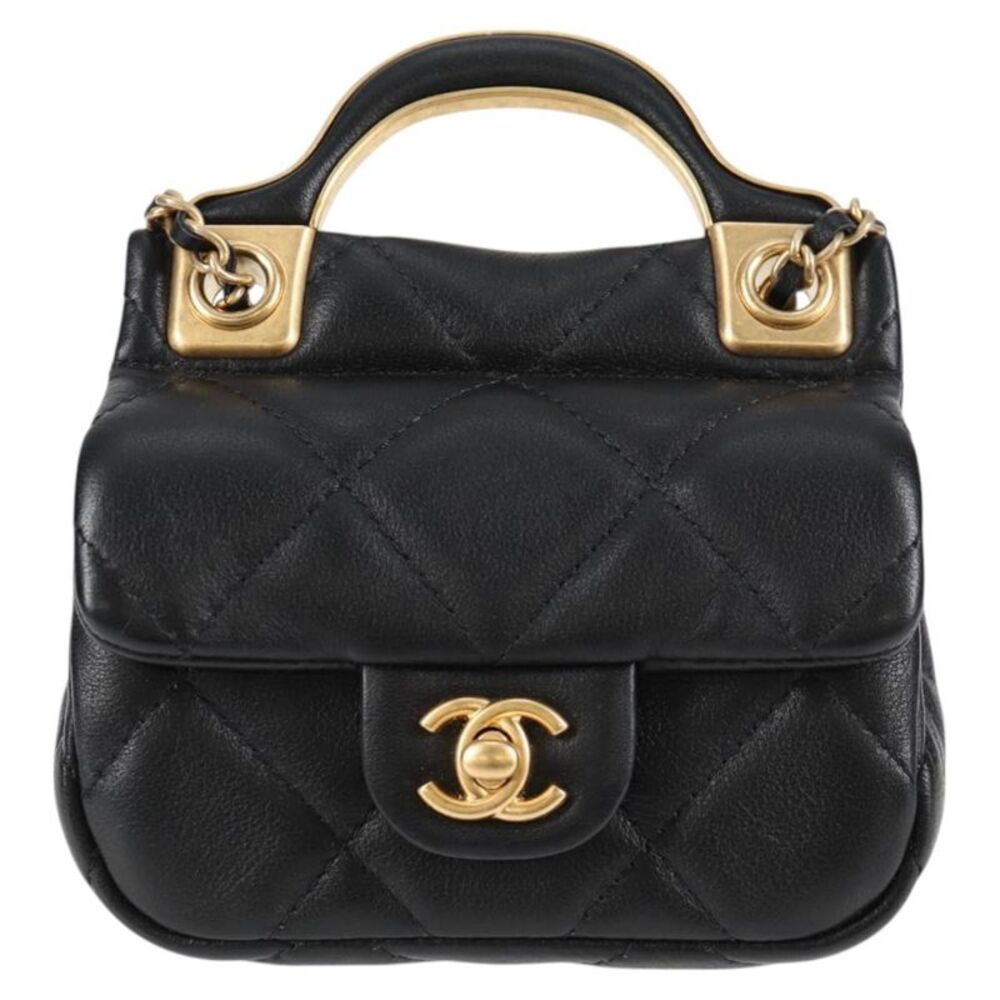 Chanel Lady Handle Flap Card Holder On Chain Quilted Calfskin Black Leather Bag